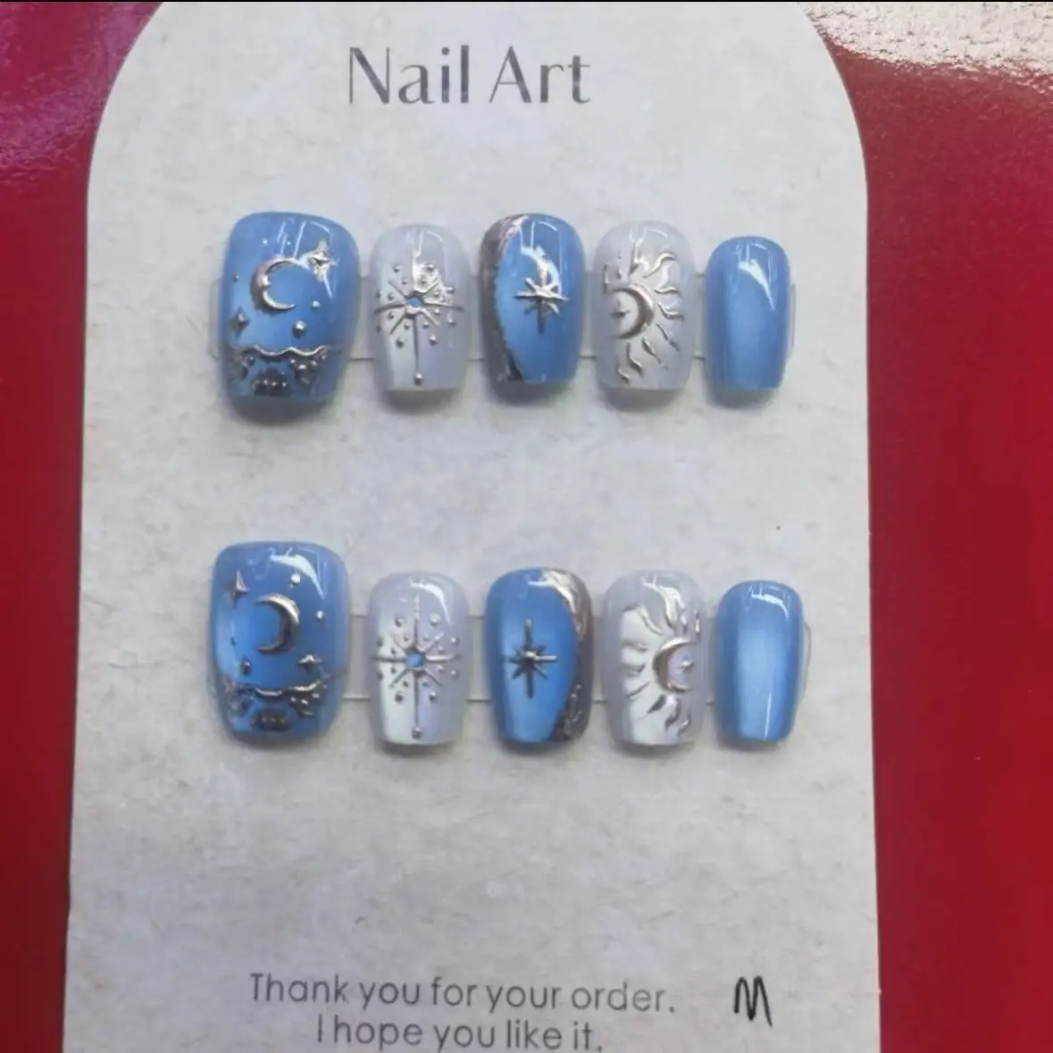 

10pcs Baroque Handmade Press On Fake Nail Blue French Style Gold Moon Sun Designs Short False Nails Tips For Women