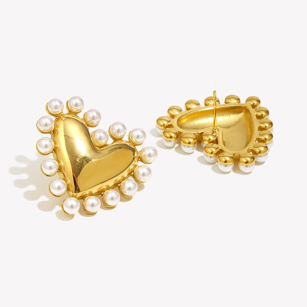 E.B.belle Outer Hoop Pearl Smooth Heart Earrings 18K Gold Plated Jewelry 316L Stainless Steel Earrings for Women