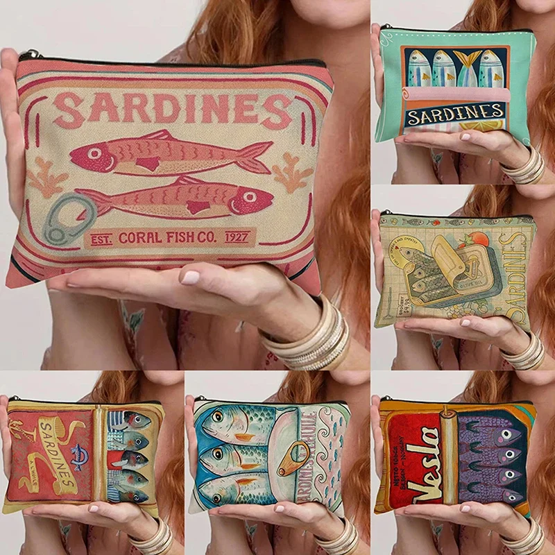 

Canvas Cosmetic Bag with Unique Sardines Olive Oil Design, Retro Style, Large Capacity, Travel Necessity