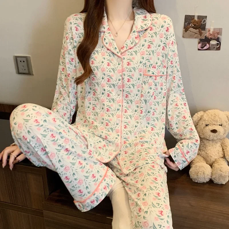 Frühling Herbst Herz-Print Pyjama Damen Langarm-Oberteil Lange Hose Zweiteiliges Set Mädchen Studenten Pyjama-Set Damen Lässige Heimkleidung