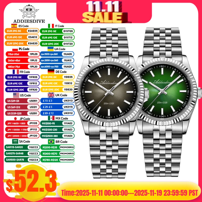 ADDIESDIVE 36mm 남성용 럭셔리 시계 BGW9 빛나는 희년 스트랩 10Bar 방수 사파이어 VH31 무브먼트 쿼츠 시계 Reloj