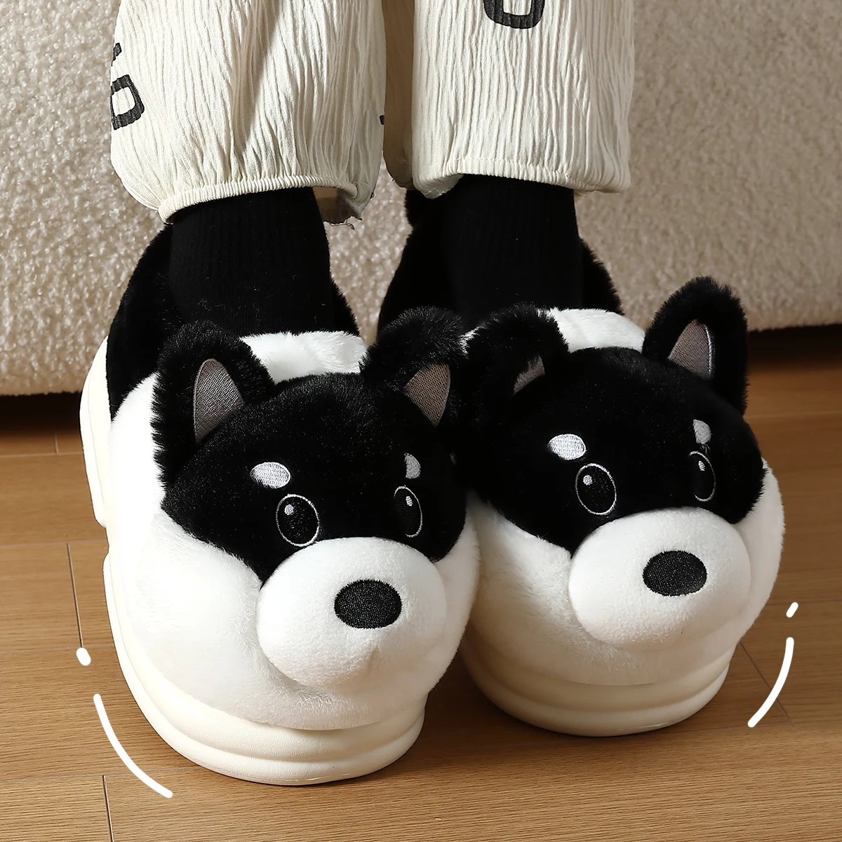 Winter Warm 3D Dog Husky Cartoon Ankle Wrap Women Furry Slippers Thick Plush Men Lady Couple Home Cotton Shoes