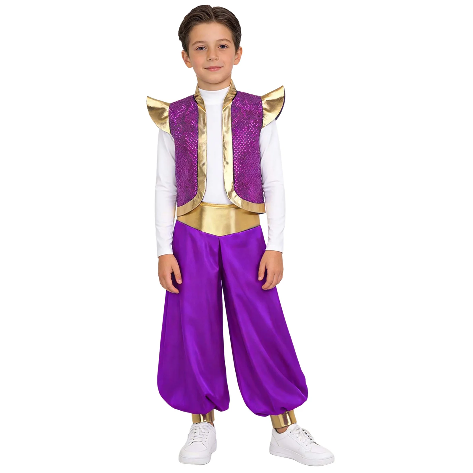 

Boys Arabian Prince Cosplay Costumes Outfit Sequin Vest with Lantern Pants Set for Halloween Carnivals Aladins Dress Up Costume