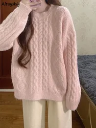 Pink Pullovers Women Loose Sweet Winter Cozy Girlish Harajuku Korean Style Knitwear Ulzzang Simple Feminino O-neck Sweaters Chic