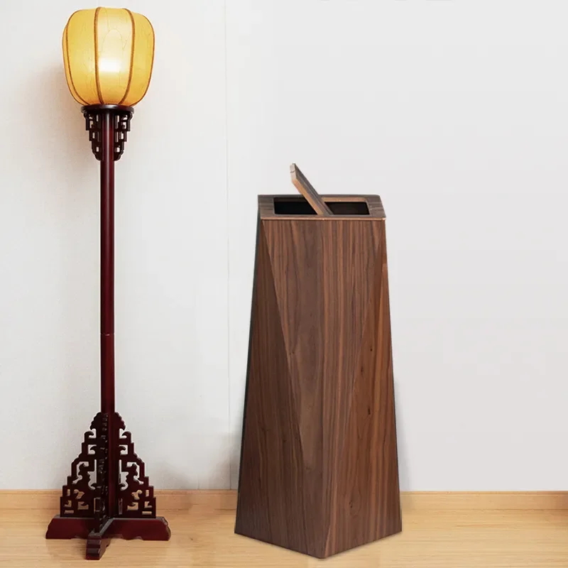 Nordic Style Wooden Trash Can with Lid Creative Light Luxury Waste Basket for Home Office Hotel Commercial Use Paper Bin