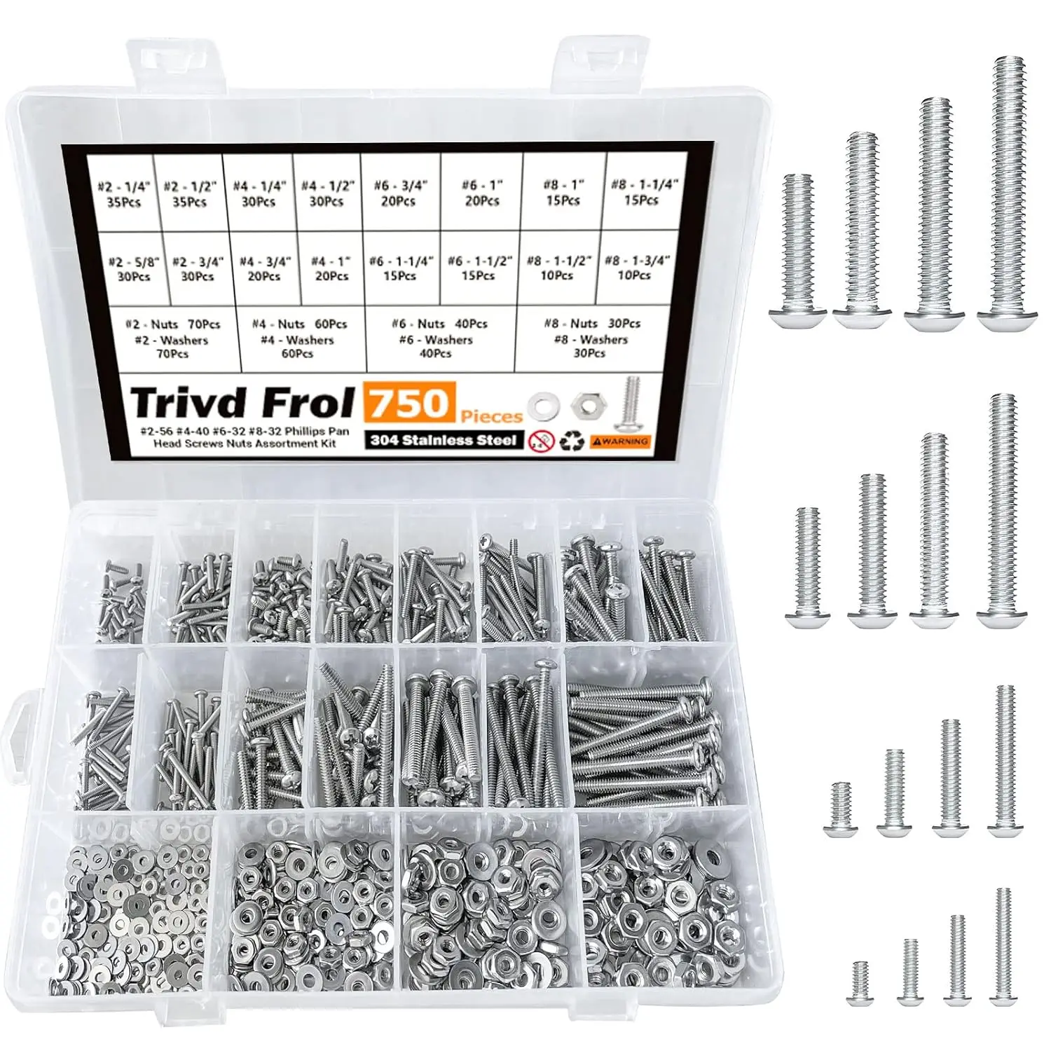 

750PCS #2-56 #4-40 #6-32 #8-32 Phillips Pan Head Machine Screw Nut Washer Assortment Kit 304 Stainless Steel