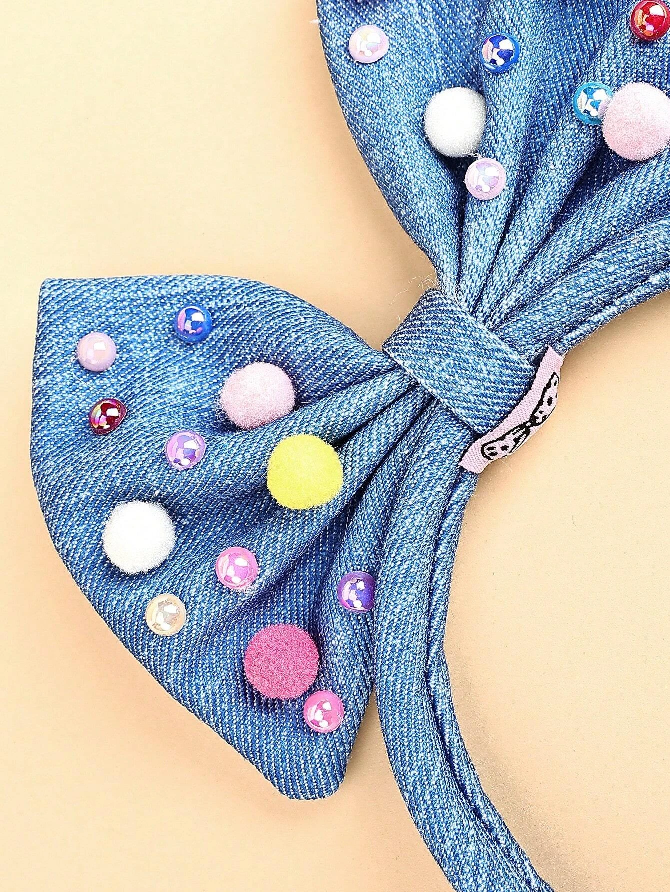 1PC Girls Butterfly Knot Headband Navy Blue Fabric Pouch and Colorful Pearl Embellishment for Kids Hair Bands Headwear