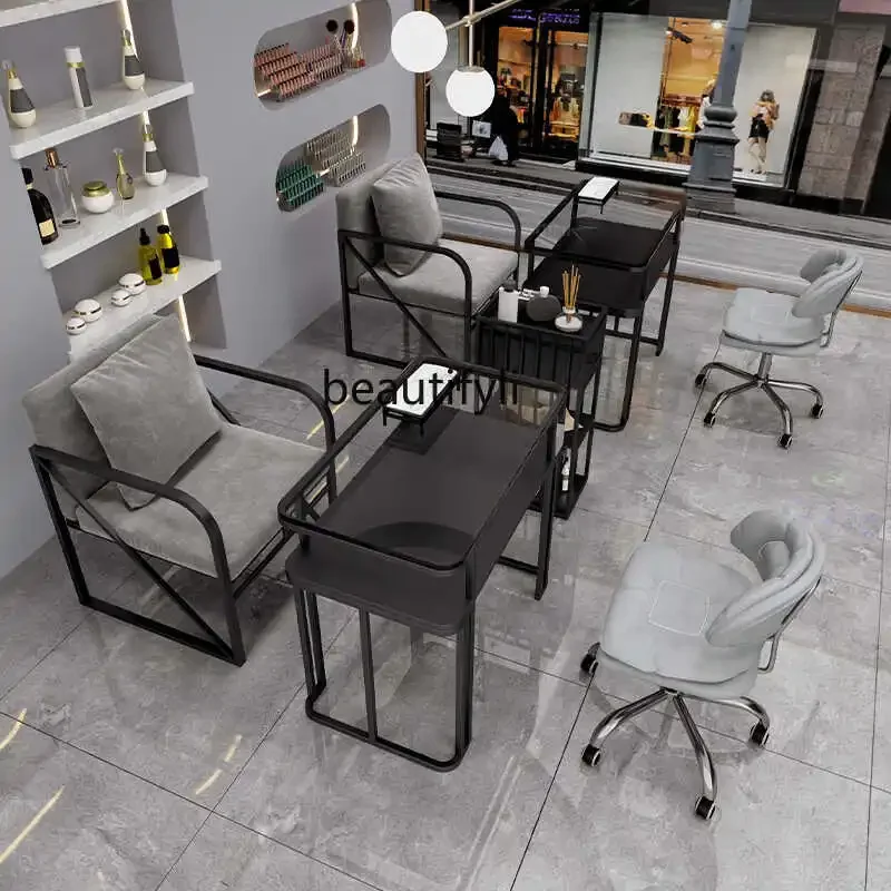 

smt03 Nail art table and chair set New black glass marble full set table and chair combination