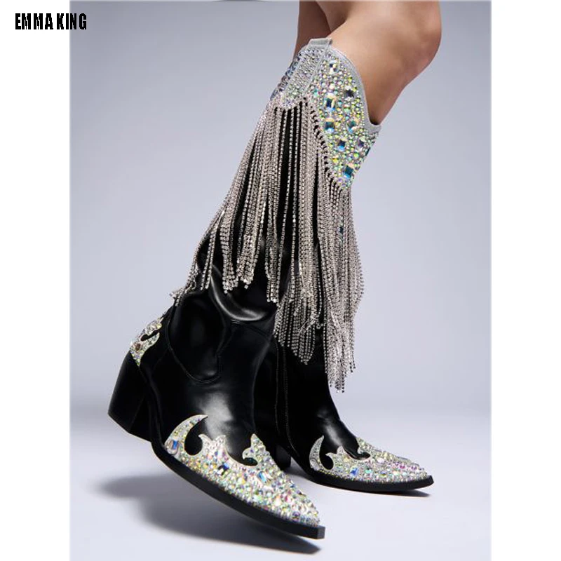 Woman Black Bling Crystal Rhinestone Tassel Knee High Boots Hot Drill Pointed Toe Thin Heels Tube Zipper Long Boots 44