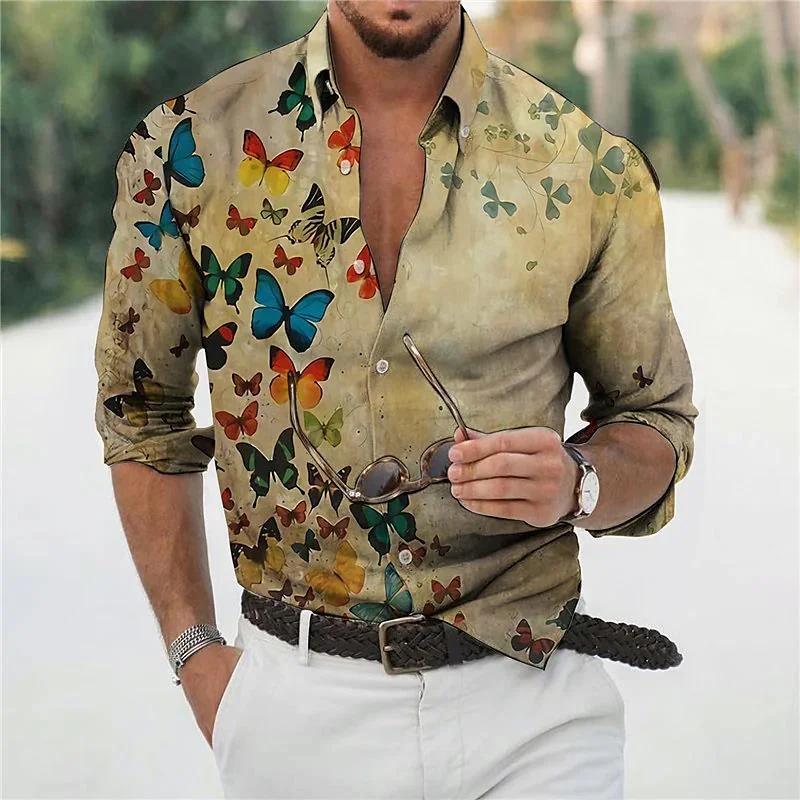 2024 Men\'s Hawaiian Shirt 3D Long Sleeve Butterfly Print Shirt Beach V-Neck Button Oversized T-Shirt Men Summer Clothes 6XL