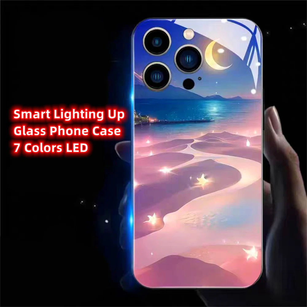 

Pink Sea Beach LED Light Up Phone Case Glowing Back Cover For iPhone 16 15 14 13 12 11 Pro Max XR XS Plus SE