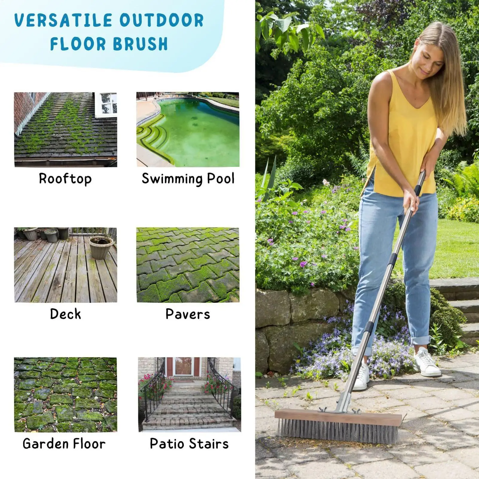 

Щетка из нержавеющей проволоки, 59-дюймовая скраб-щетка с длинной ручкой, сверхмощный инструмент с жесткой щетиной для гаража, пола, палубы, стены, ванны, патио