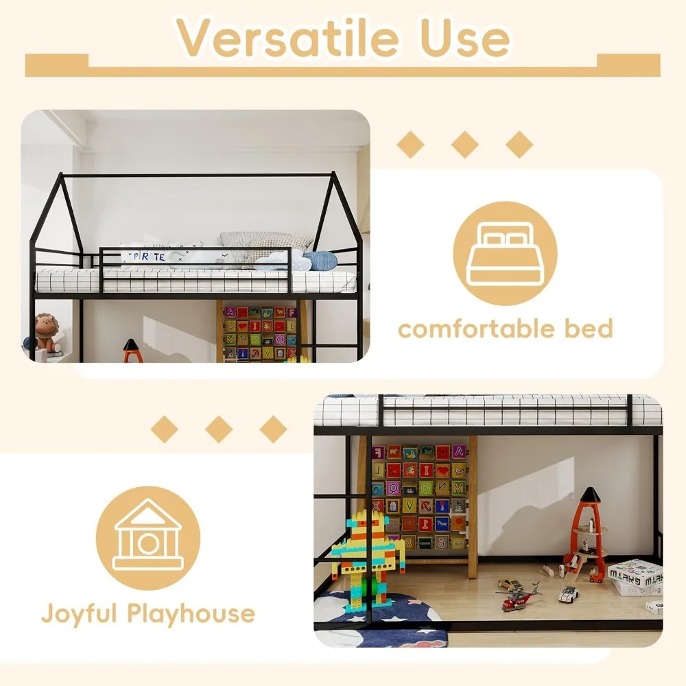 سرير مزدوج بطابقين مع سلم، دعم شريحة معدنية، تصميم موفر للمساحة، لا حاجة إلى صندوق زنبركي، أسرة بطابقين منخفضة المستوى لكي