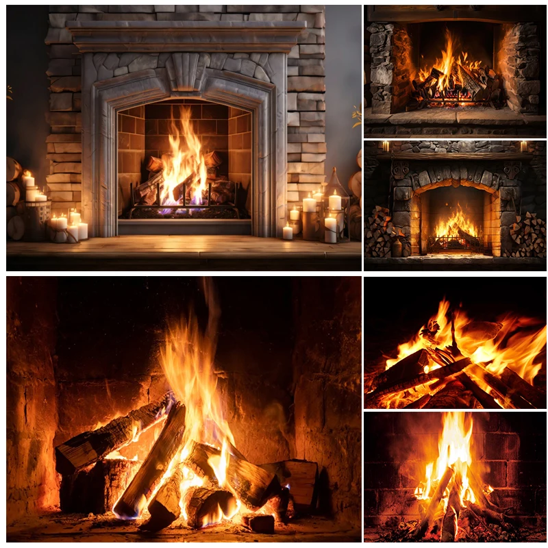 Fireplace Fire Flame Photography Backgrounds Winter Vintage Brick Wall Firewood Christmas Winter Home Party Decor Photo Backdrop