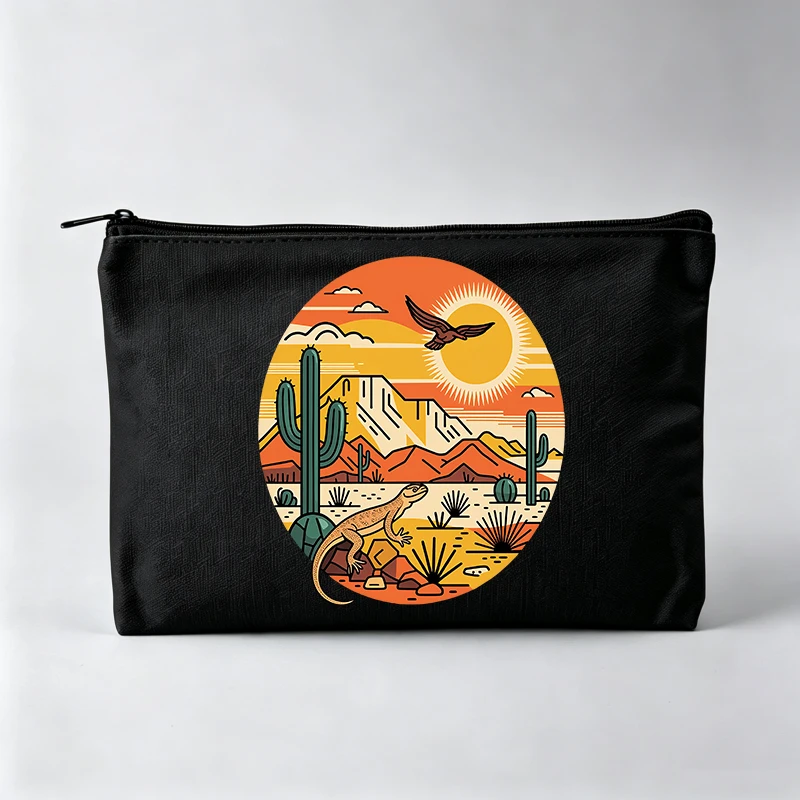 Women's Desert Landscape Graphic Makeup Bag with Cactus and Eagle, Retro Style Cosmetic Pouch for Daily Use