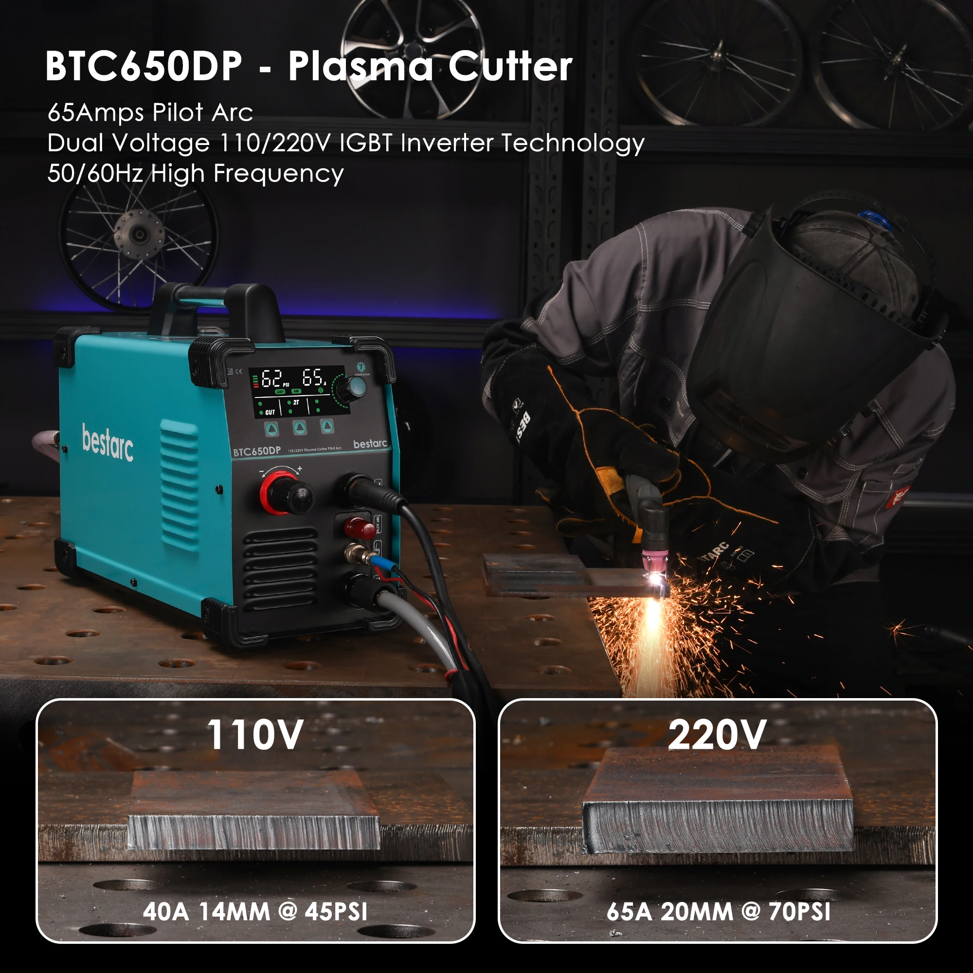 bestarc Plasma Cutter, Pilot Arc BTC650DP 7th Generation 65Amps Screen Display Dual Voltage 110/220V Digital Plasma Cutter