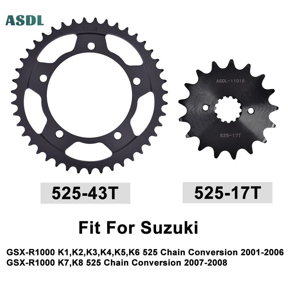 

525 Chain 43T 17T Motorcycle Front and Rear Sprocket Kits For Suzuki GSX-R1000 K1-K6 525 2001-2006 GSXR1000 K7 K8 2007-2008