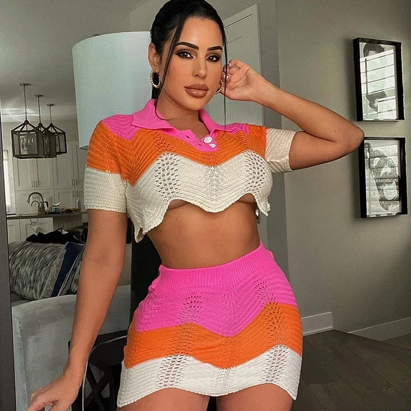 

Sexy Striped Print Knitted Two Piece Women Dress Sets Short Sleeve Crop Top and Mini Skirt Suit Party Clubwear Festival Outfit