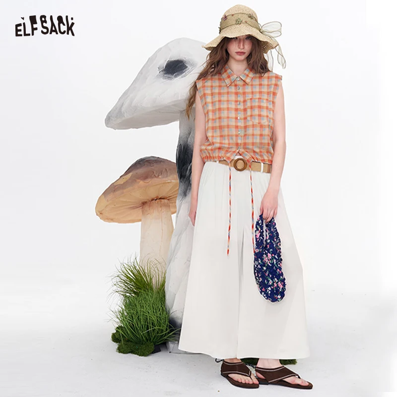 ELFSACK Women's High Waist Belted Wide Leg Pants, Casual Solid Color Linen Blend Trousers, Loose Fit Summer Bottoms
