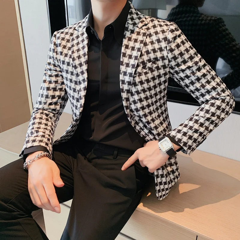 2023 British Style Men Casual Blazer Business Slim Fit Plaid Suit Coat Male Formal Single Buckle Jacket 4XL