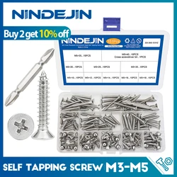 NINDEJIN Self Tapping Screw Set M3 M4 M5 Cross Flat Head Phillips Screw Assorted Kit Stainless Steel Wood Screw for metal sheet