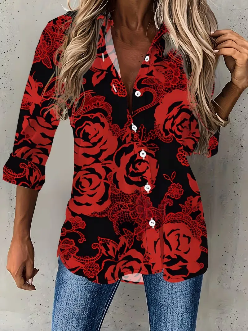 Women 2026 Long Sleeve Shirt Fashion Floral Printing Blouse Elegant Graphic Casual Daily Wear Spring Autumn Blouse Tops