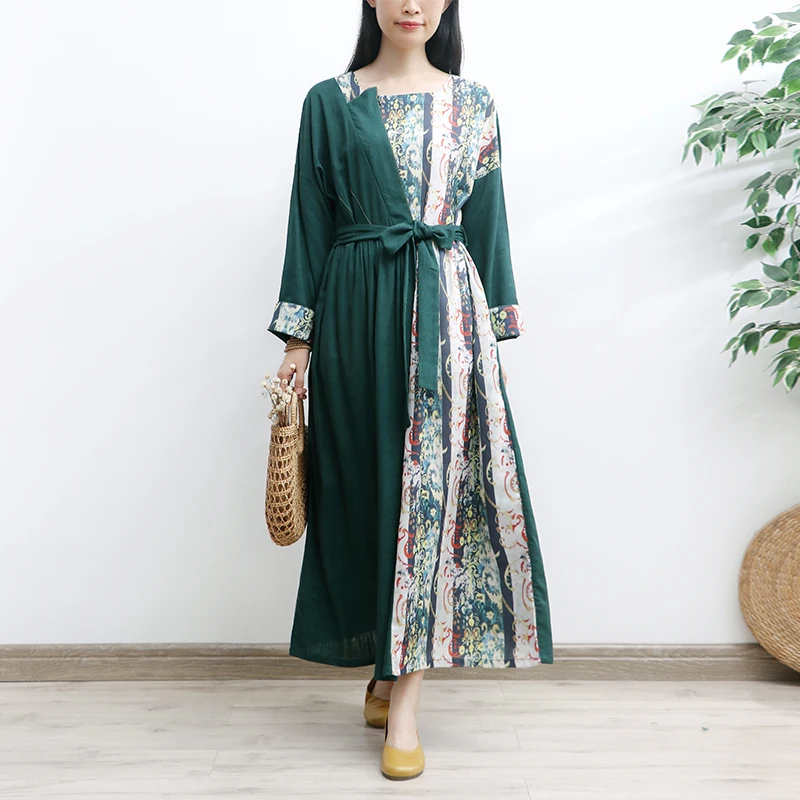 

TIYIHAILEY Free Shipping Women Long Maxi Full Sleeve Cotton And Linen Spring Autumn Dresses With Belt S-XL Green Patchwork Print