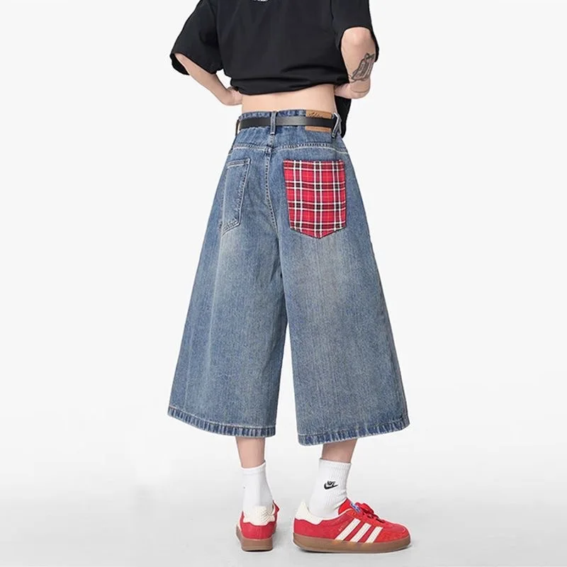 メンズ夏のチェック柄パッチワークデニムショートパンツ新しいハイウエストレイジーストレートワイドレッグジーンズショートパンツ