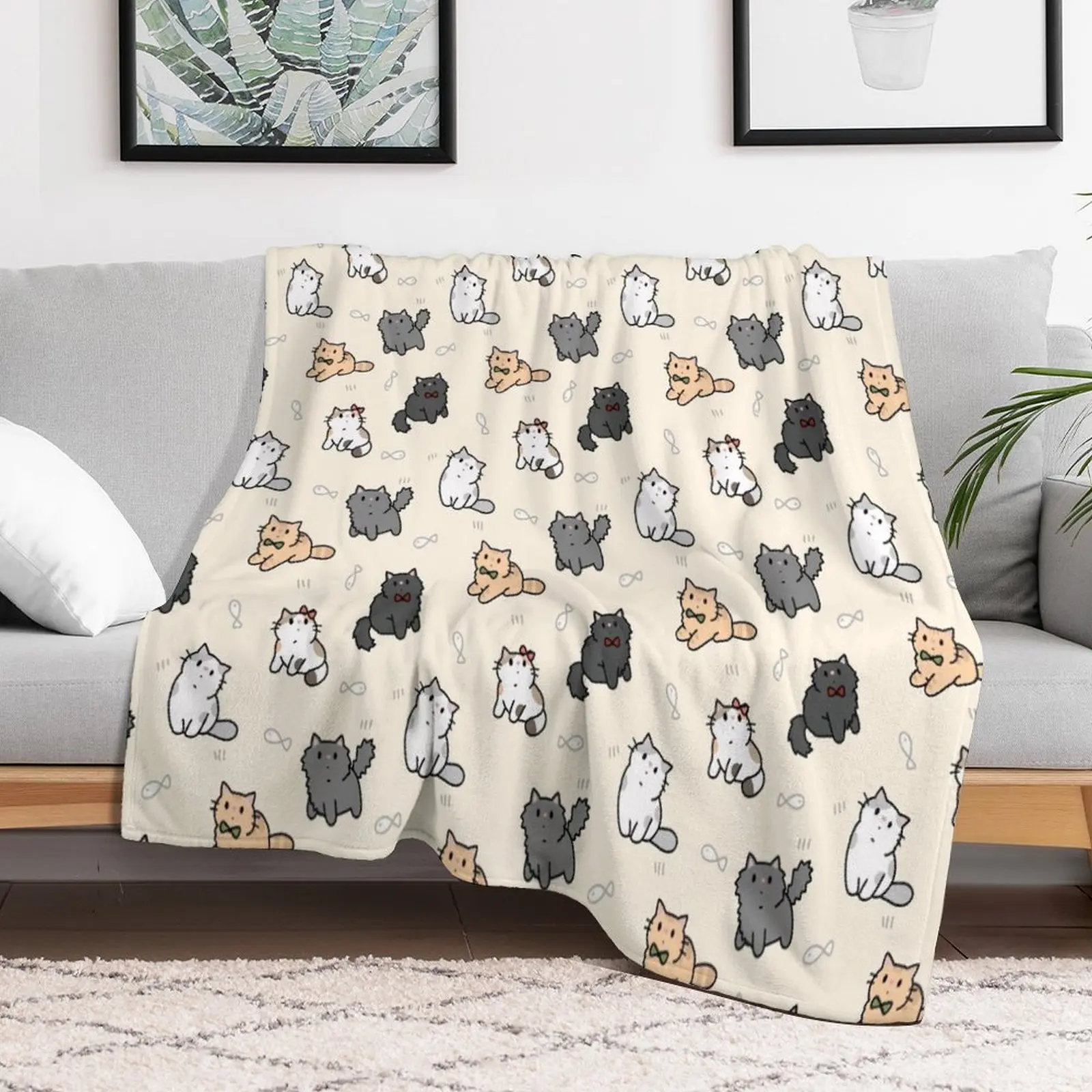 

Fancy kittens and fish pattern Throw Blanket Decoratives Camping Decorative Throw Blankets