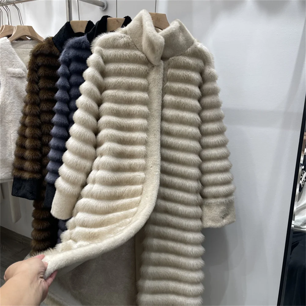 2024Winter Luxus Faux Nerz Pelzmantel Frauen Ikonische Marke Lange Oberbekleidung Jacke Mode Flauschigen Pelzmantel Street Style Warme Mantel