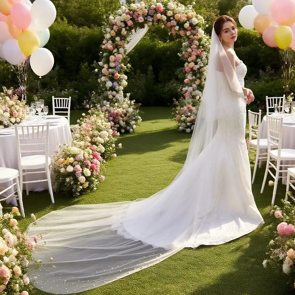 yueji-シンプルな大聖堂パールベール-二層ブライダルウェディングブラッシャーベール-模造パールエッジ-カスタマイズ可能-任意の長さ-v171