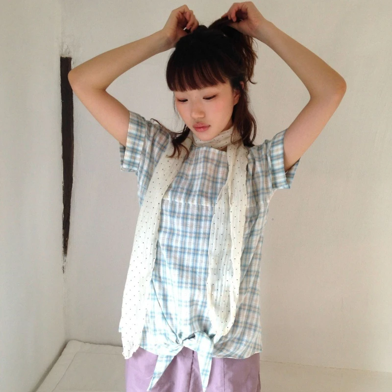 

2026 Summer New Retro Style Casual Simple Plaid Knot Tie Small Design Short Sleeved Top for Women