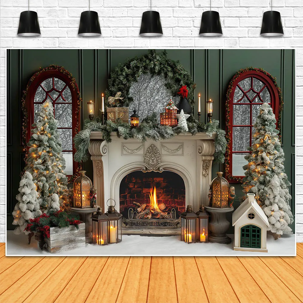 Mocsicka Christmas Fireplace Backdrop for Photography Vintage Green Wall Window Snow Xmas Tree Family Portrait Background Props