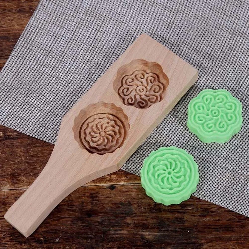 Natural Wood Wooden Mooncake Mold Clear Texture Double Slot Pastry Press Mould Hand Carved Style Easy-to-Mold