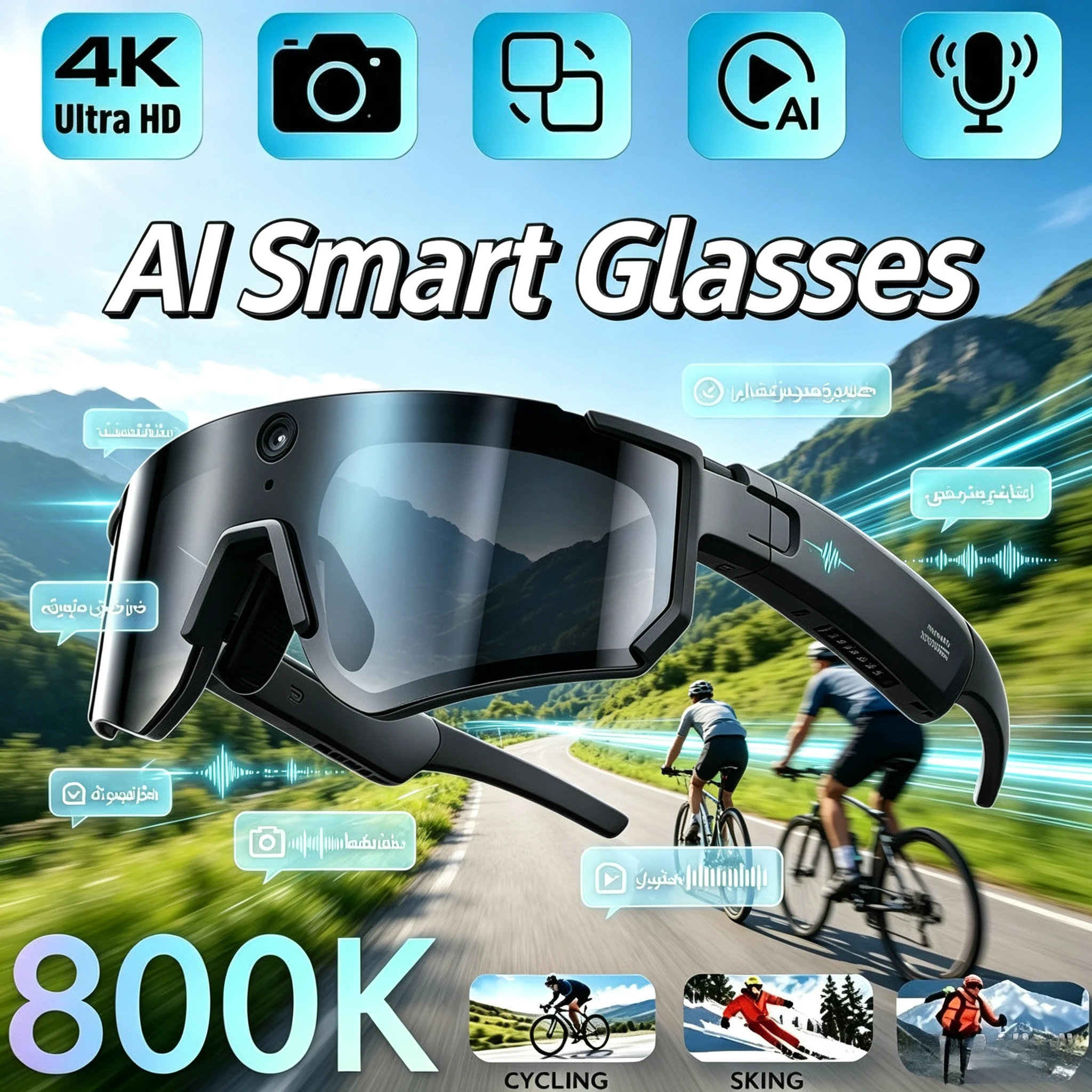 Outdoor Vlog Smart Glasses 4K HD Video Recording Bluetooth Music Call AI Voice Assistant Sport Eyewear for Cycling Ski Adventure
