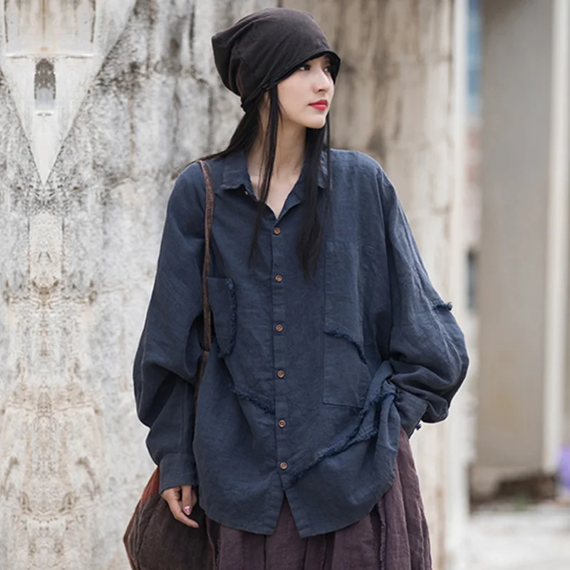 Women Loose Shirt Summer Autumn r Retro Casual Flax Tops Ladies Vintage Blouse Tops Outer Garment Woman Jacket