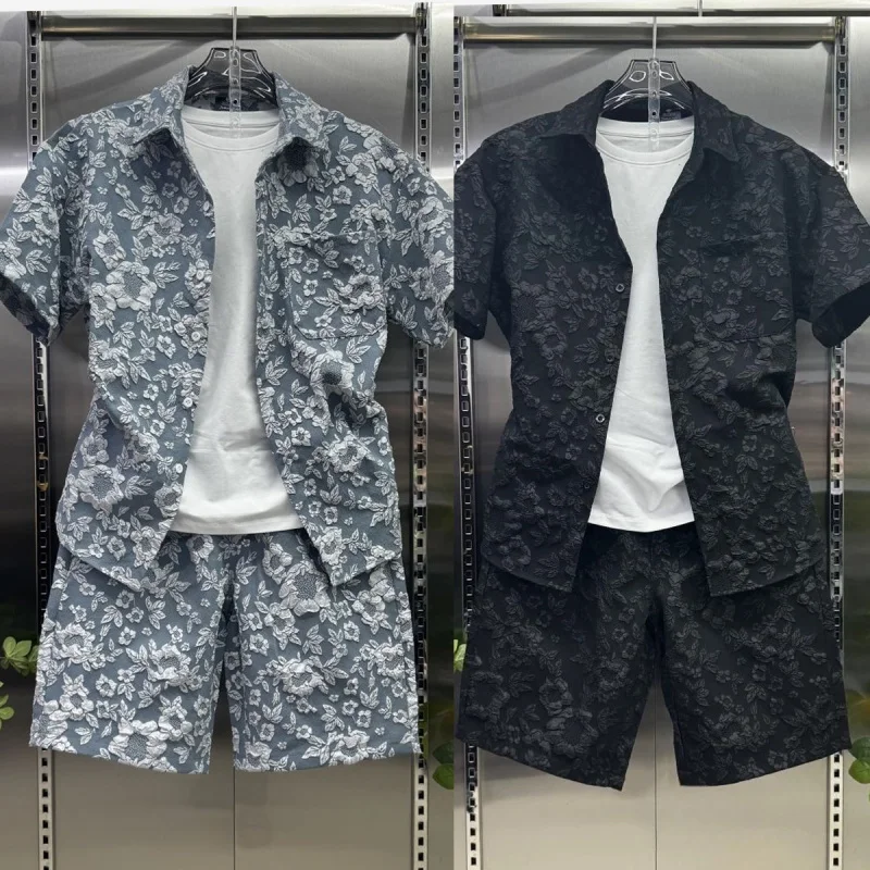2026 New Summer Men 2PCS Floral Jacquard Embossed Set Textured Button Short Sleeve Shirt Casual Shorts Streetwear Outfit