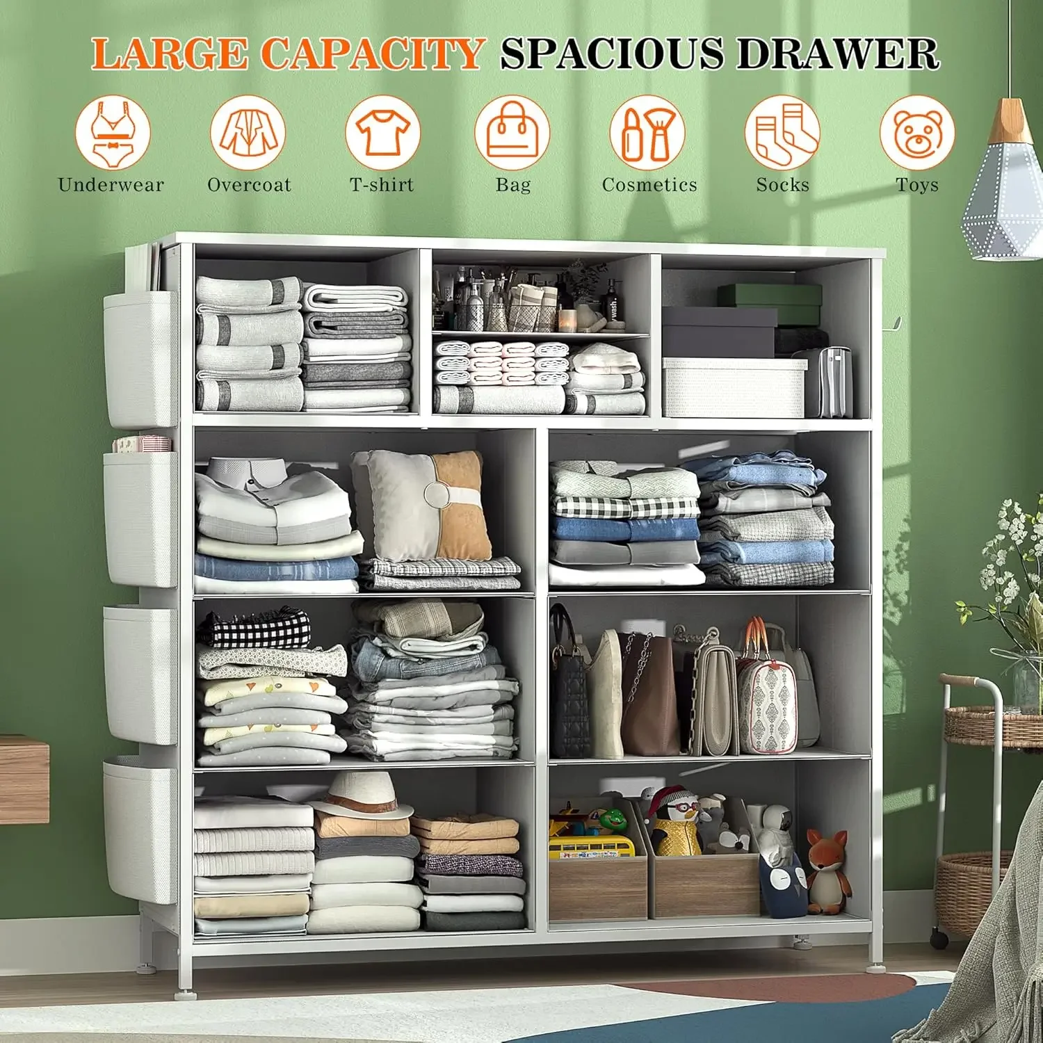 Dresser for Bedroom with 10 Drawers, Chest of Drawers with Side Pockets and Hooks, PU Storage Dresser, Organizer Unit for Living