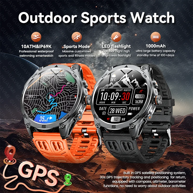 

Новые умные часы для мужчин с GPS, встроенным фонариком, аккумулятором 1000 мАч, водонепроницаемостью 10ATM, Bluetooth-звонками и функцией отслеживания спортивных показателей