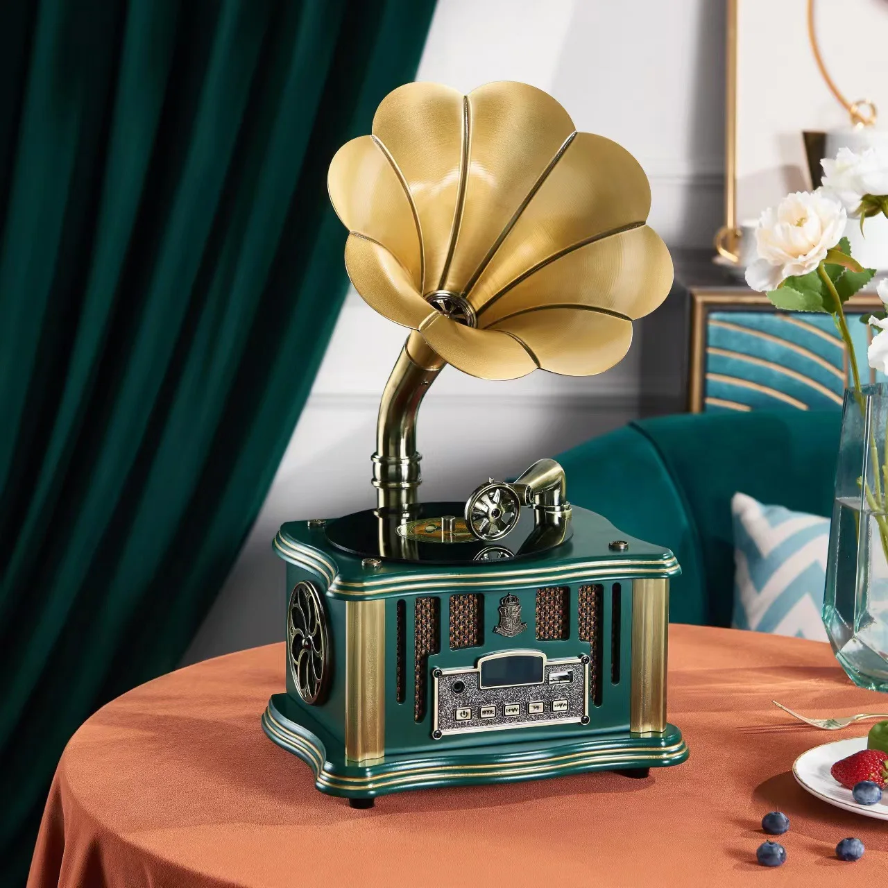 

Hooqu Vinyl Retro Speaker Antique Phonograph Player Turntable With Wireless Speakers Vintage Record Player 1950s With Speakers