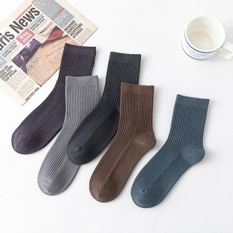 Double Needle Pure Cotton Mid Tube for Men's Autumn and Winter New Solid Color Casual All Cotton Socks Breathable