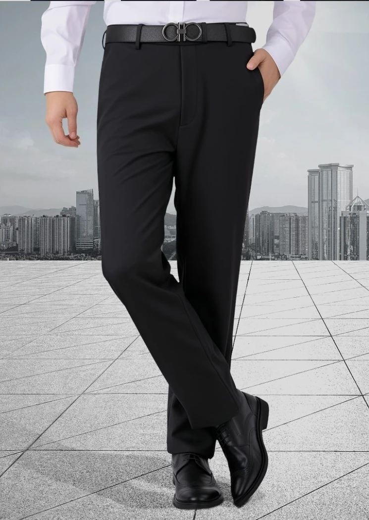 مرونة عارضة السراويل الرسمية الرجال اللباس السراويل زائد حجم منتصف العمر فضفاض أبي عالية الخصر سميكة مستقيم السراويل رجال الأعمال