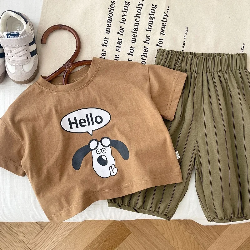 Children Boy Clothes Set 0-6Years Kids Short Sleeve Cartoon Dog Print Cotton T-shirt Tops Striped Pant 2PCS Summer Tracksuit