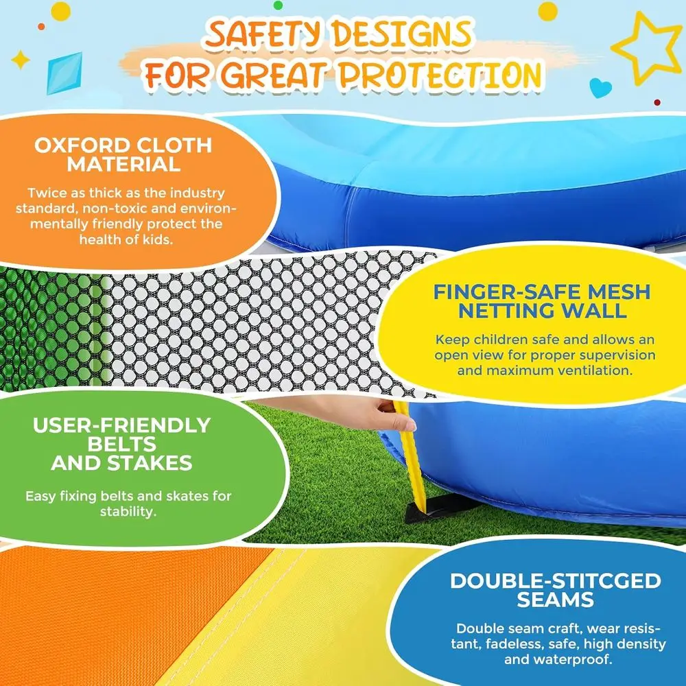 Iatable waterglijbanen voor kinderen met ventilator van 450 W, 6 in 1 opblaaswaterpark, 158x 138 x 89 waterglijbaan met klimwand, splashpool