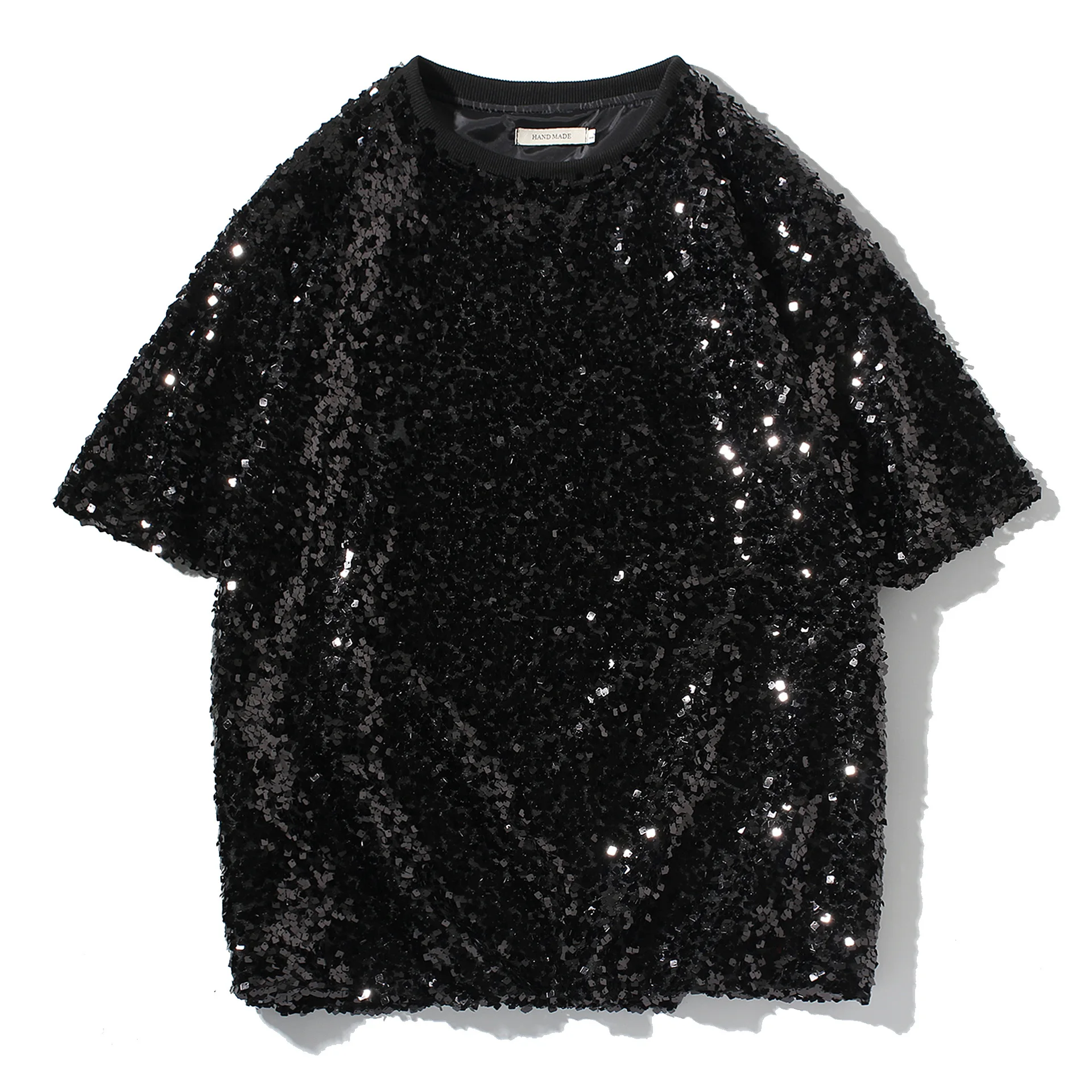 New Loose Crew Neck Short Sleeve T‑Shirt, Shiny Reflective Sequins Unisex Stage Performance Costume for Men Women Party Show
