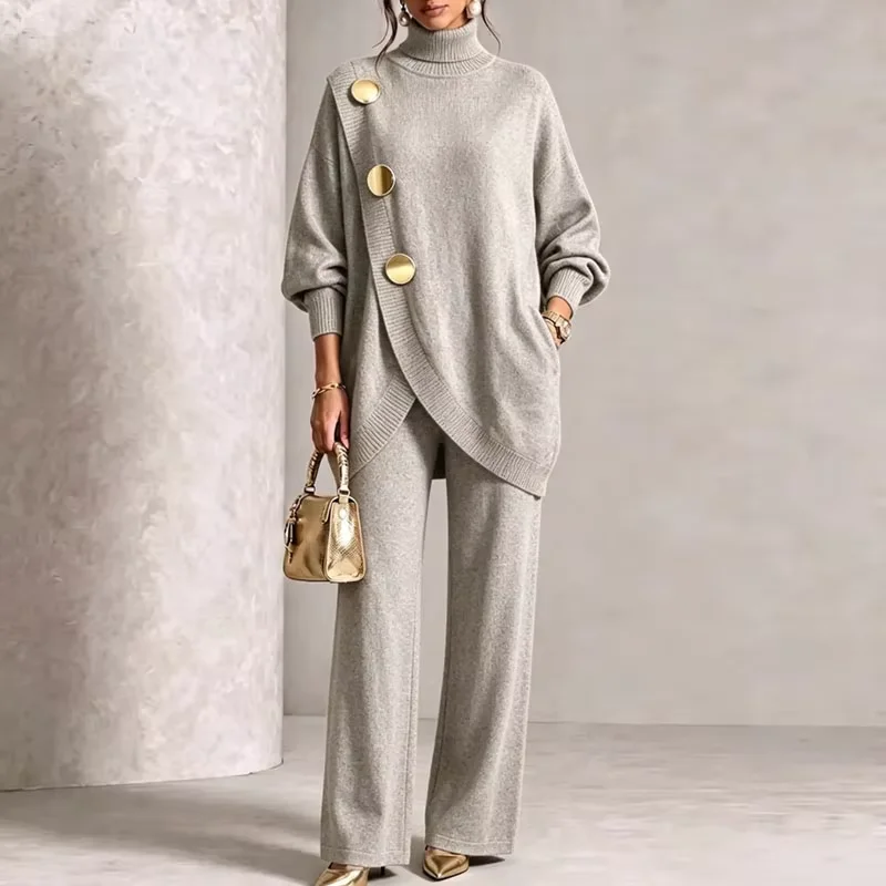 Women Two Piece Knit Outfit Turtleneck Asymmetrical Sweater Big Buttons Top Wide Leg Pants Suits Fall Winter Casual Co Ord Set