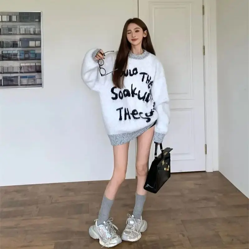 American Printed Sweatshirt Autumn Winter Retro Letter Women Long-Sleeved Pullover Sweatshirt Jacket Mid-Length