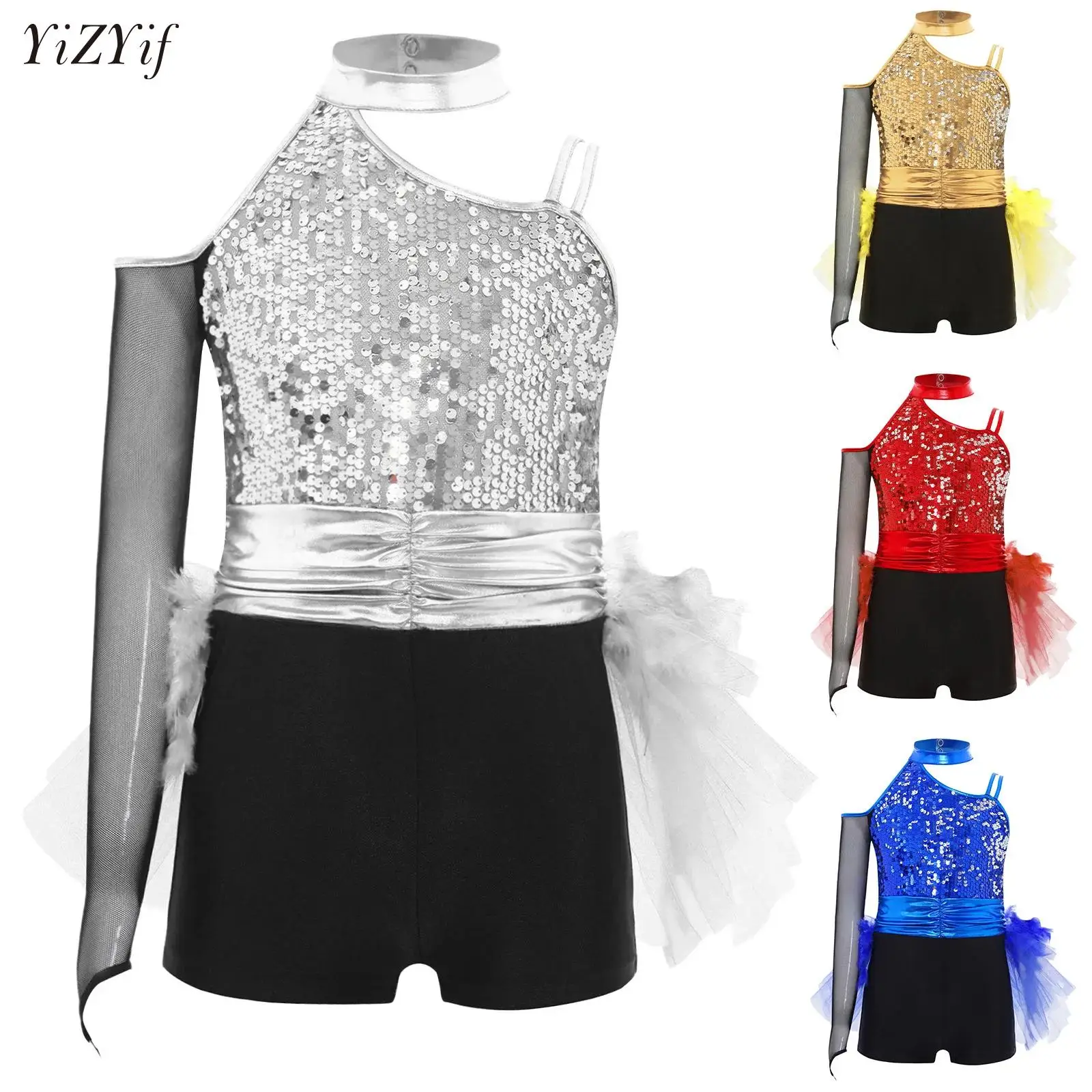 

Kids Girl Jazz Ballet Dance Performance Costume Sequins Bodice Feather Tulle Skirted Leotard Ruched Waist Asymmetrical Jumpsuit