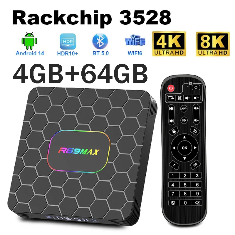 صندوق تلفزيون R69 ماكس بنظام أندرويد 14، معالج Rockchip RK3528 رباعي النواة، يدعم 8K و4K HD، بلوتوث 5.0، واي فاي 6، مشغل وسائط، جهاز ستوب بوكس IPTV