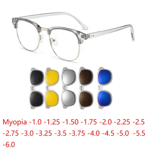 Gafas de sol 6 en 1 para miopía para hombres y mujeres, gafas polarizadas ópticas con Clip magnético, gafas graduadas personalizadas, montura de gafas-0,5 a-6,0